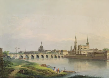Udsigt over Dresden fra den vestlige del af den nye by (med Frauenkirche, protestantiske kirke, Augustus-broen og katedralen) indgraveret af Christian Gottlob Hammer (1779-1864) (farvestik)
